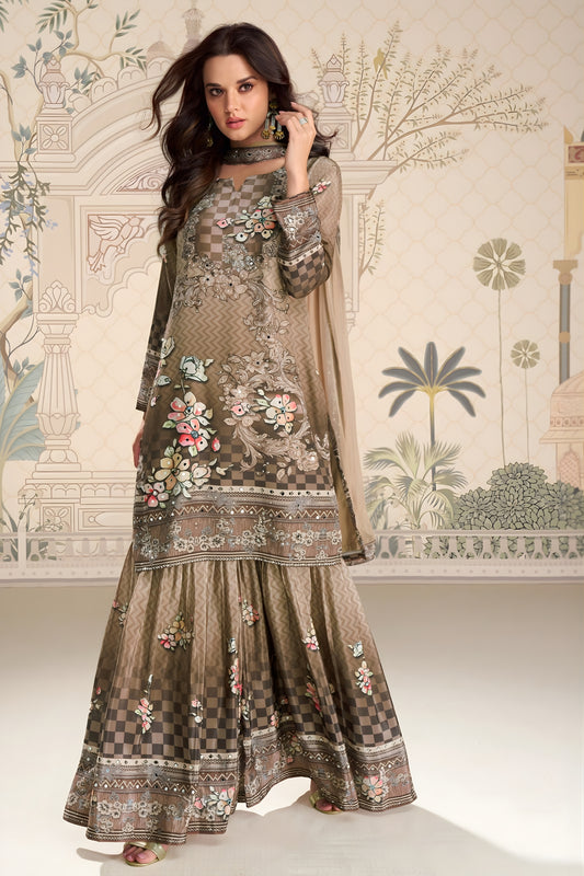 Great Beige Embroidered Crepe Salwar Suit with Dupatta for Festive Wear