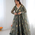Superb Olive Green Bandhani Printed Georgette Anarkali Suit with Dupatta for Wedding