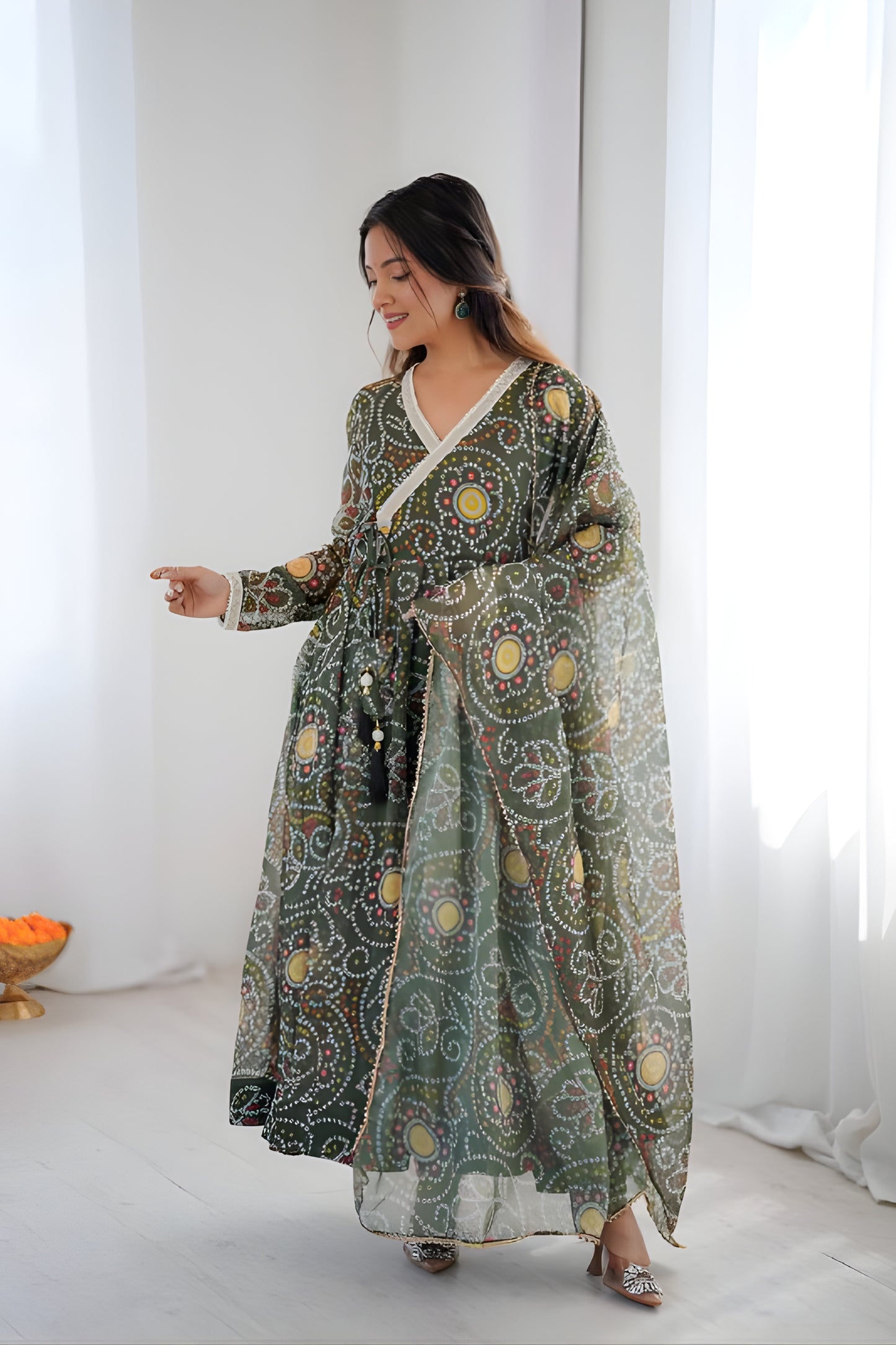 Superb Olive Green Bandhani Printed Georgette Anarkali Suit with Dupatta for Wedding