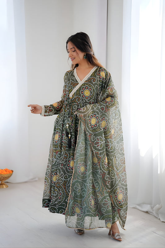 Superb Olive Green Bandhani Printed Georgette Anarkali Suit with Dupatta for Wedding