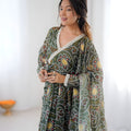 Superb Olive Green Bandhani Printed Georgette Anarkali Suit with Dupatta for Wedding