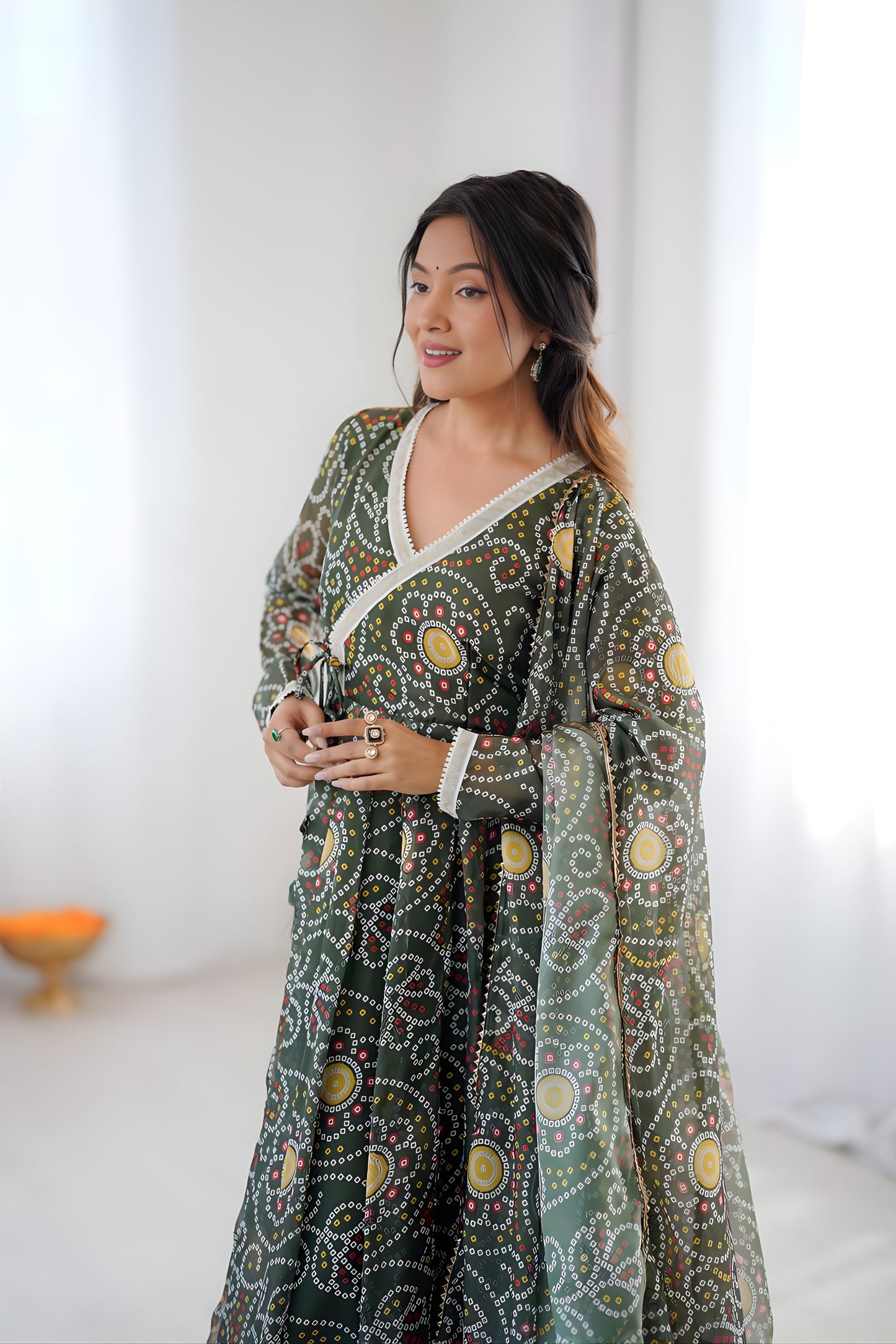 Superb Olive Green Bandhani Printed Georgette Anarkali Suit with Dupatta for Wedding