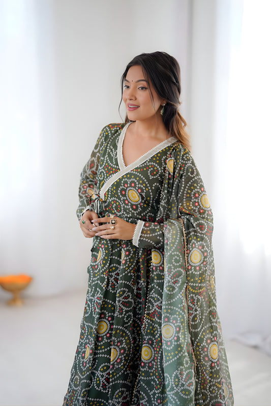 Superb Olive Green Bandhani Printed Georgette Anarkali Suit with Dupatta for Wedding