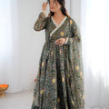 Superb Olive Green Bandhani Printed Georgette Anarkali Suit with Dupatta for Wedding