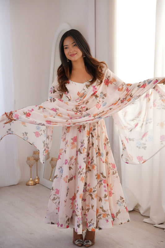 Fancy Off-White Floral Printed Georgette Anarkali Suit with Dupatta for Wedding