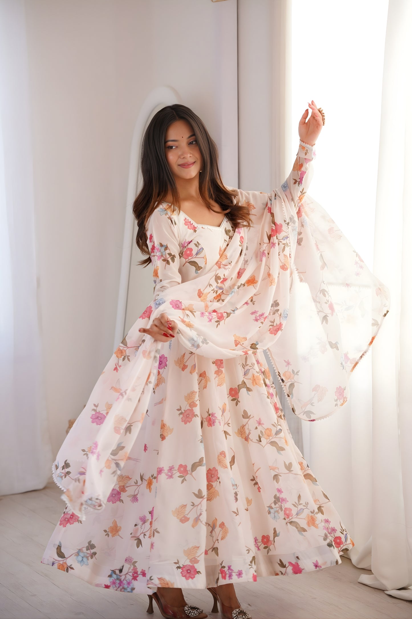 Fancy Off-White Floral Printed Georgette Anarkali Suit with Dupatta for Wedding