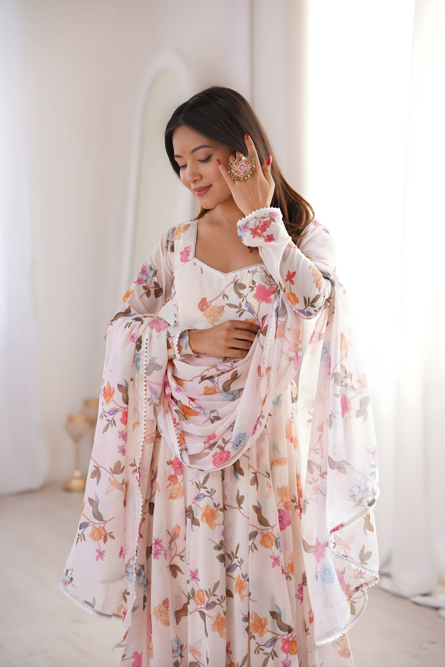 Fancy Off-White Floral Printed Georgette Anarkali Suit with Dupatta for Wedding