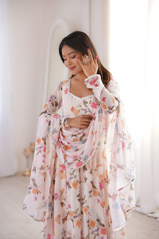 Fancy Off-White Floral Printed Georgette Anarkali Suit with Dupatta for Wedding