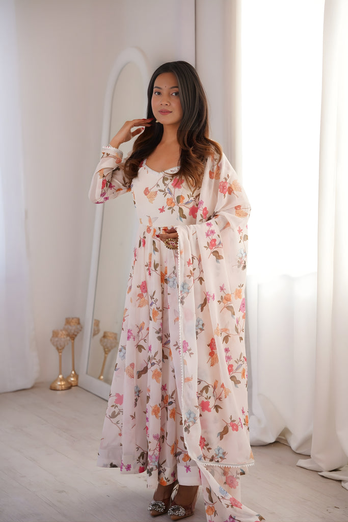 Fancy Off-White Floral Printed Georgette Anarkali Suit with Dupatta for Wedding