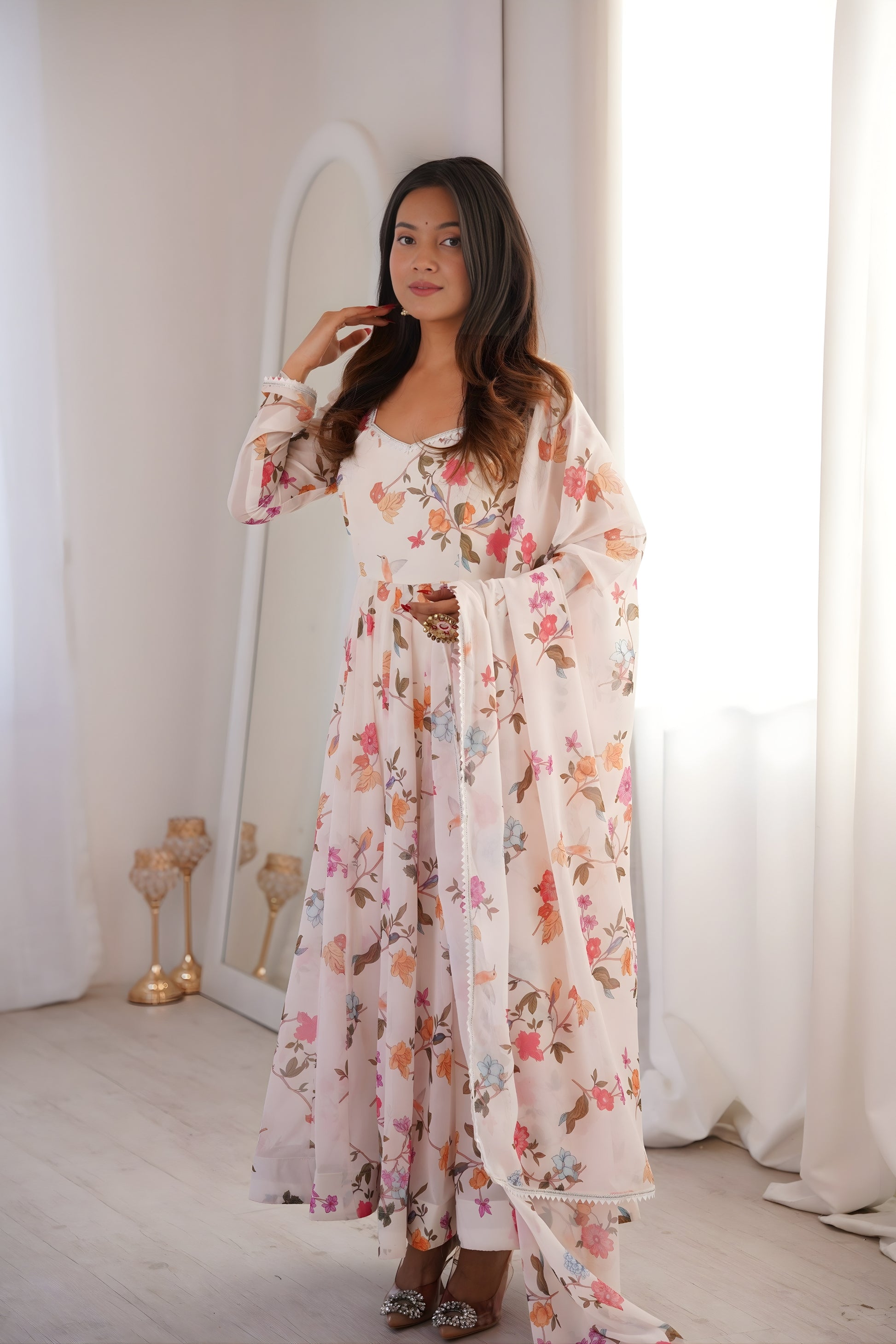 Fancy Off-White Floral Printed Georgette Anarkali Suit with Dupatta for Wedding