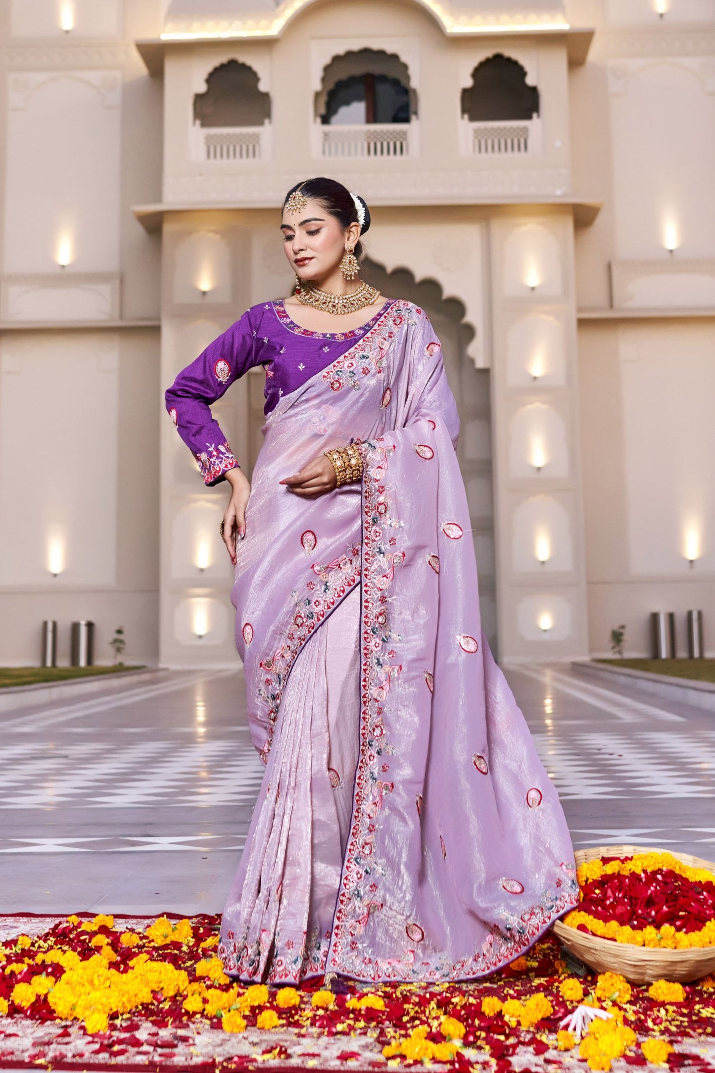 Lavender Silk Blend Saree with Embroidered Border Designer Blouse