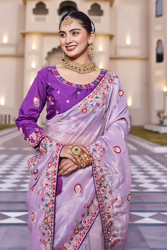 Lavender Silk Blend Saree with Embroidered Border Designer Blouse