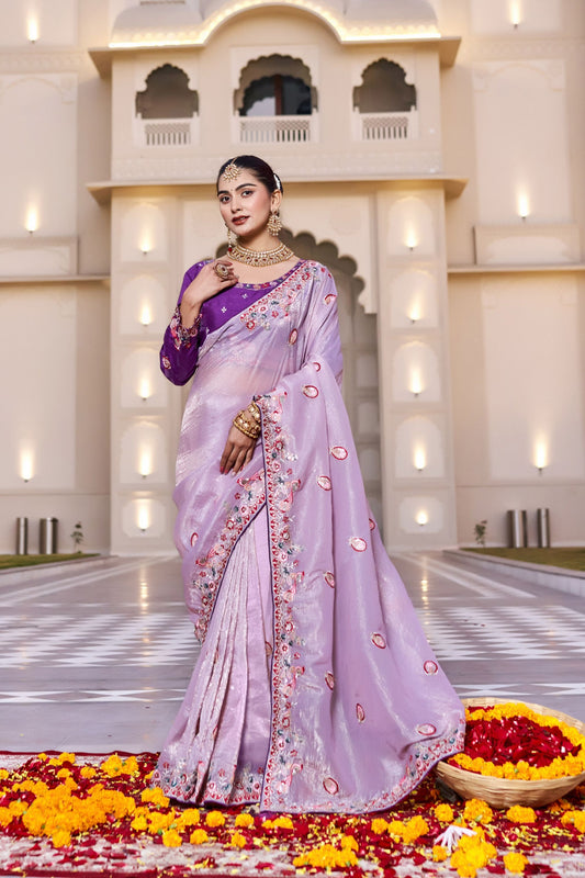 Lavender Silk Blend Saree with Embroidered Border Designer Blouse