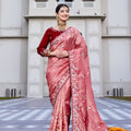 Peach Pink Embroidered Silk Blend Saree with Designer Border 