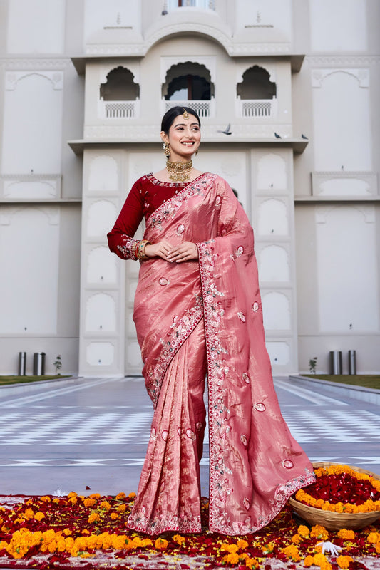 Peach Pink Embroidered Silk Blend Saree with Designer Border 