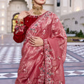 Peach Pink Embroidered Silk Blend Saree with Designer Border
