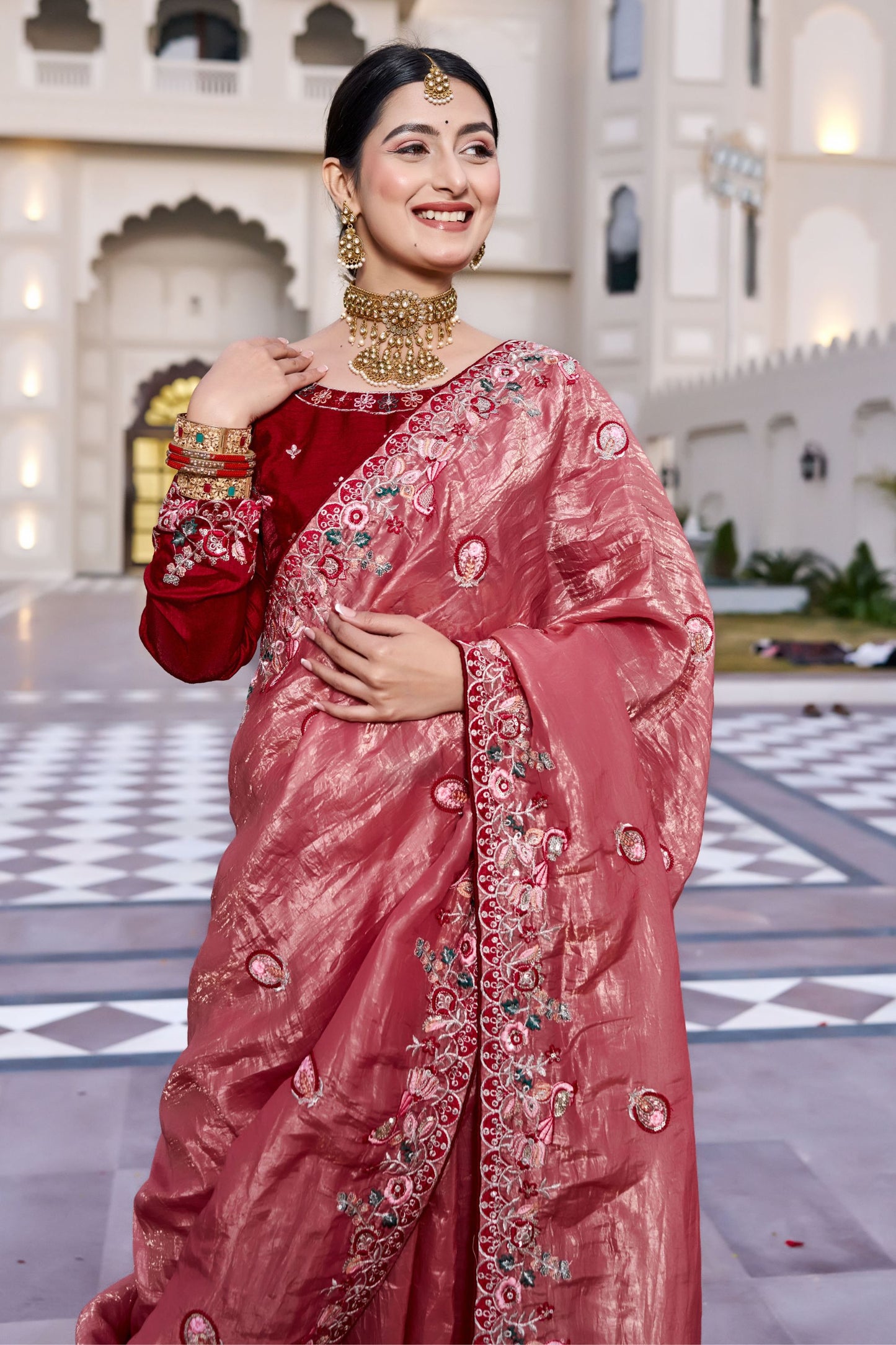 Peach Pink Embroidered Silk Blend Saree with Designer Border