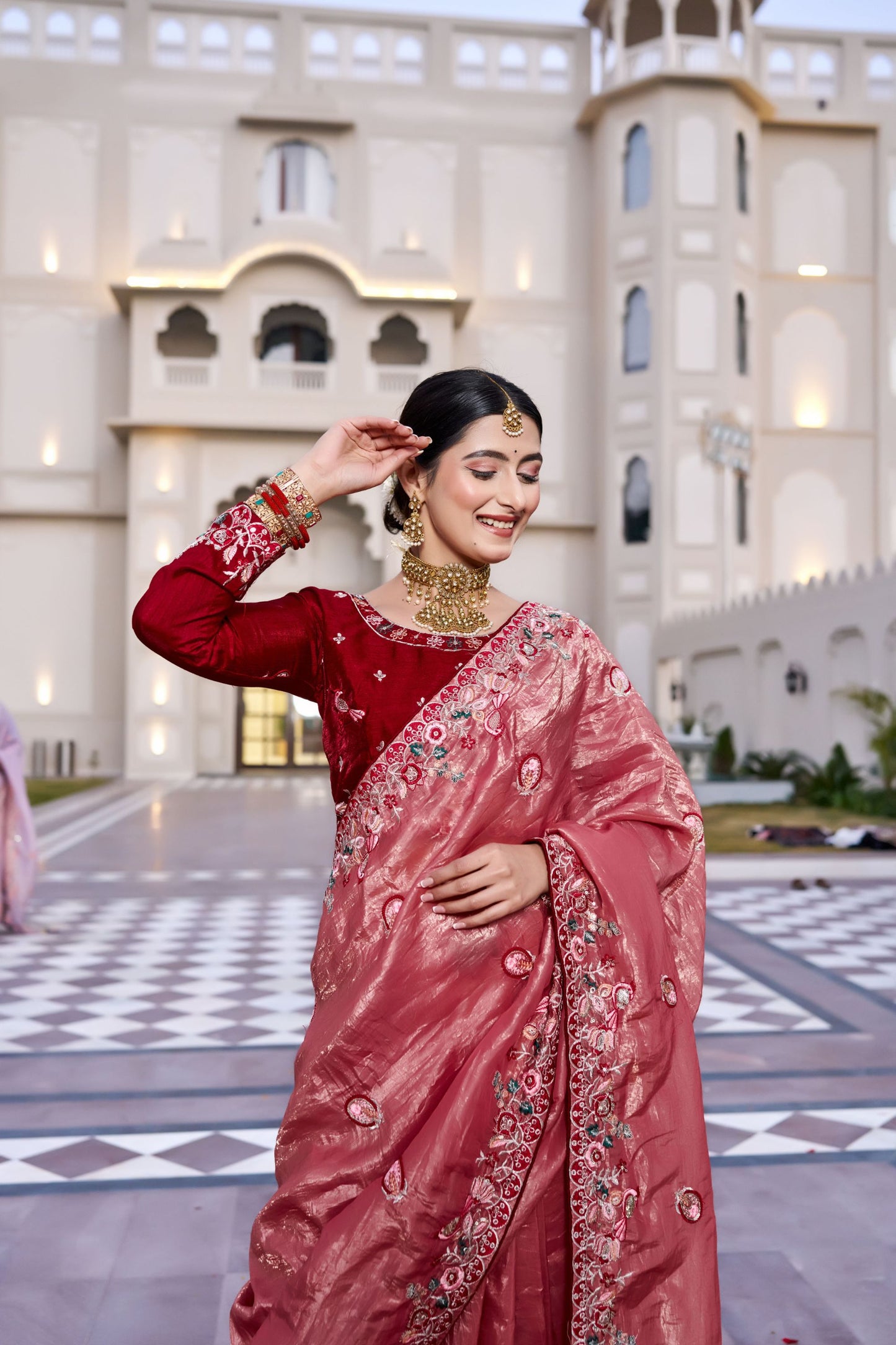 Peach Pink Embroidered Silk Blend Saree with Designer Border