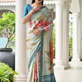 Mint Green Floral Printed Silk Blend Saree with Blue Woven Border