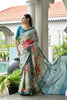 Mint Green Floral Printed Silk Blend Saree with Blue Woven Border