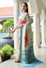 Mint Green Floral Printed Silk Blend Saree with Blue Woven Border