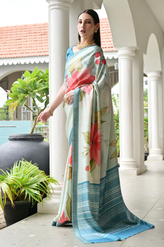 Mint Green Floral Printed Silk Blend Saree with Blue Woven Border