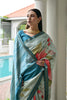 Mint Green Floral Printed Silk Blend Saree with Blue Woven Border