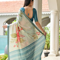 Mint Green Floral Printed Silk Blend Saree with Blue Woven Border
