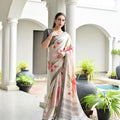 Cream Floral Cherry Print Soft Silk Saree with Designer Grey Border