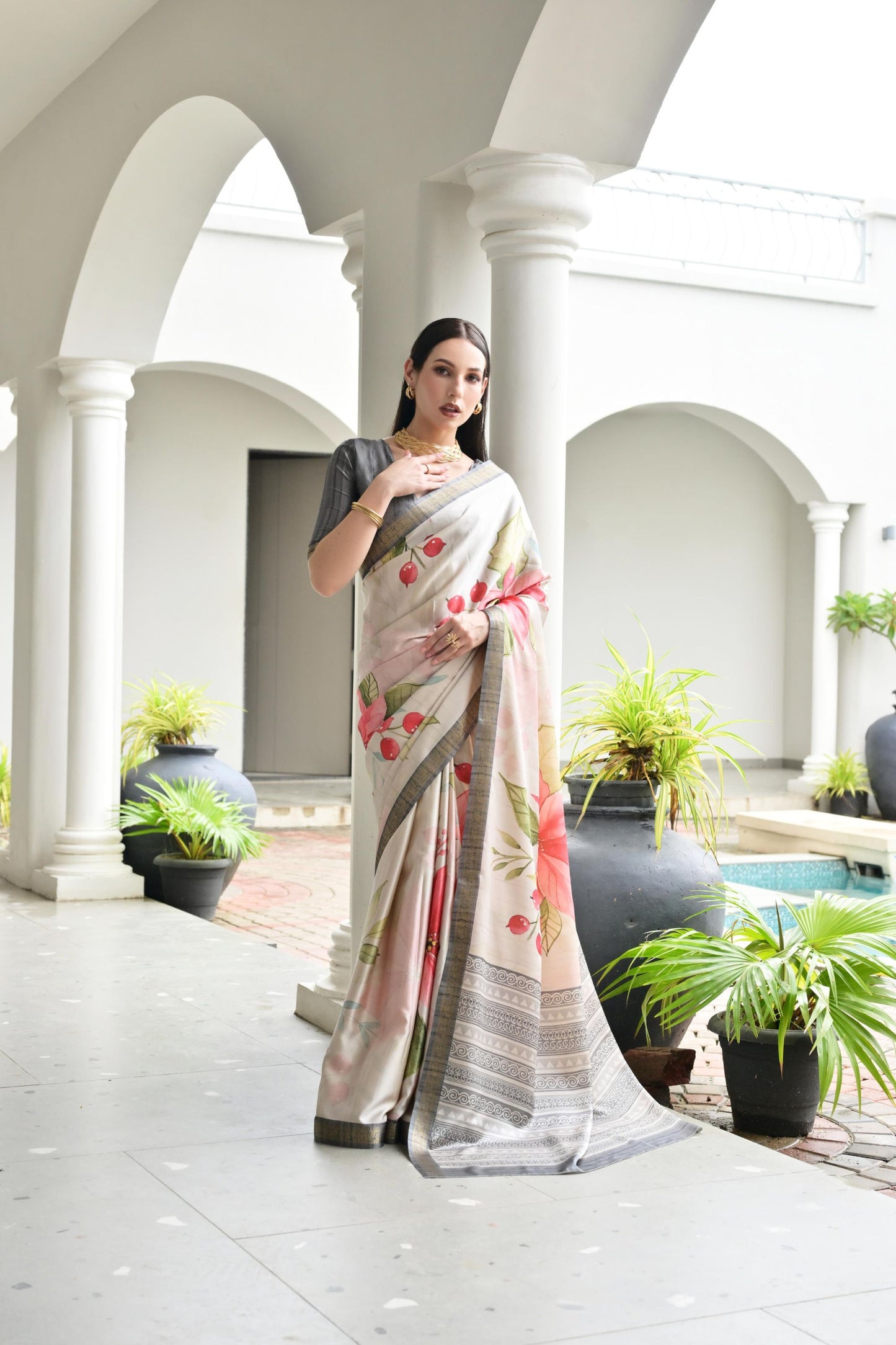 Cream Floral Cherry Print Soft Silk Saree with Designer Grey Border