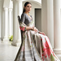 Cream Floral Cherry Print Soft Silk Saree with Designer Grey Border