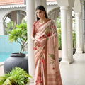 Peach Floral Printed Soft Silk Saree with Designer Woven Border 