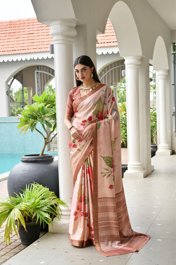 Peach Floral Printed Soft Silk Saree with Designer Woven Border 