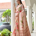 Peach Floral Printed Soft Silk Saree with Designer Woven Border
