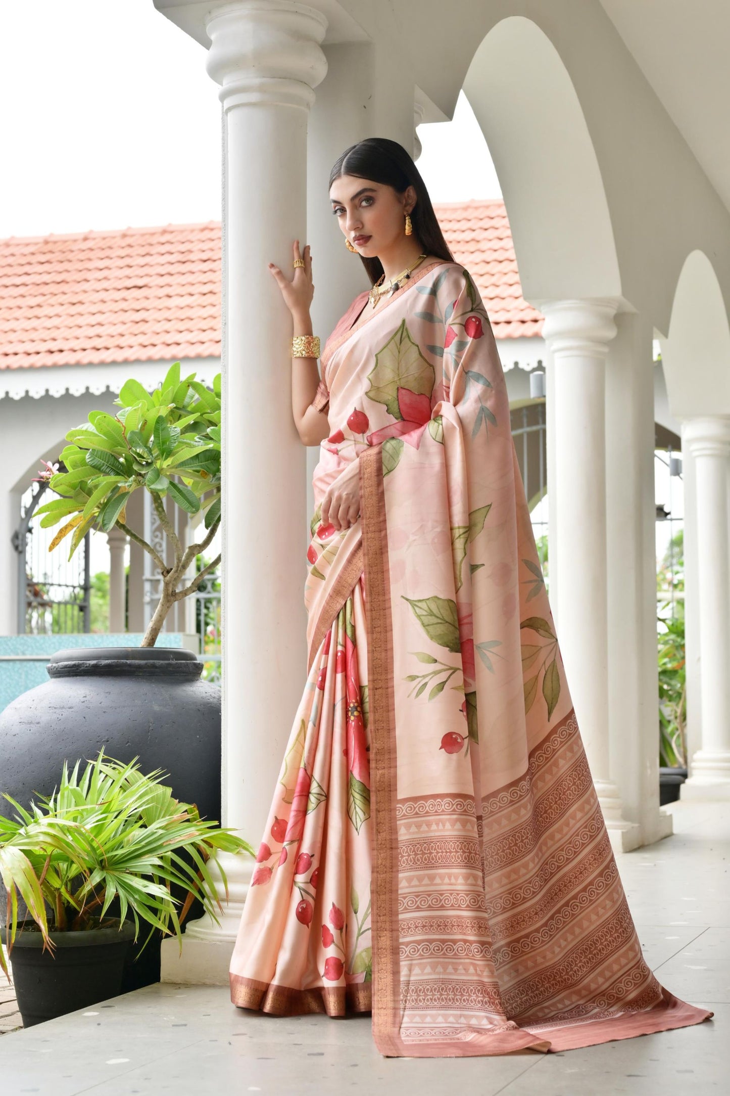 Peach Floral Printed Soft Silk Saree with Designer Woven Border