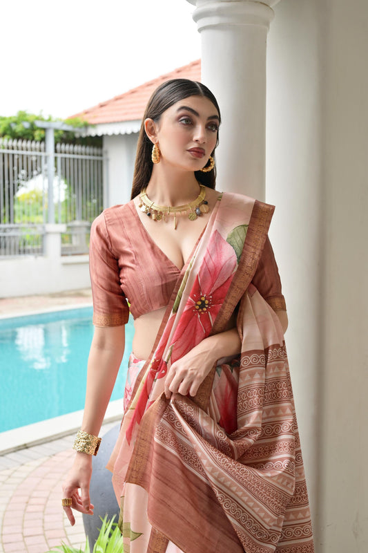 Peach Floral Printed Soft Silk Saree with Designer Woven Border