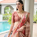 Peach Floral Printed Soft Silk Saree with Designer Woven Border