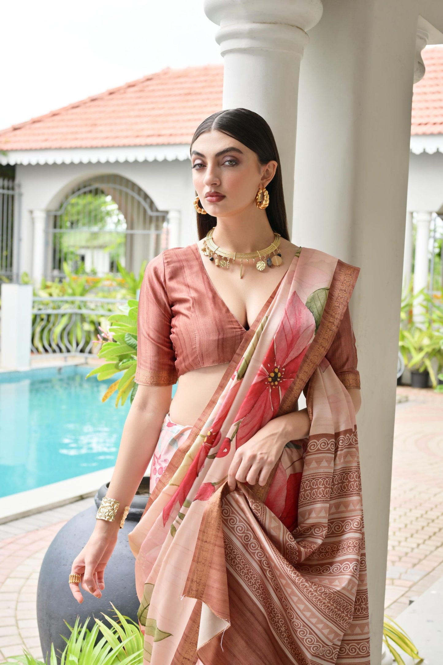 Peach Floral Printed Soft Silk Saree with Designer Woven Border