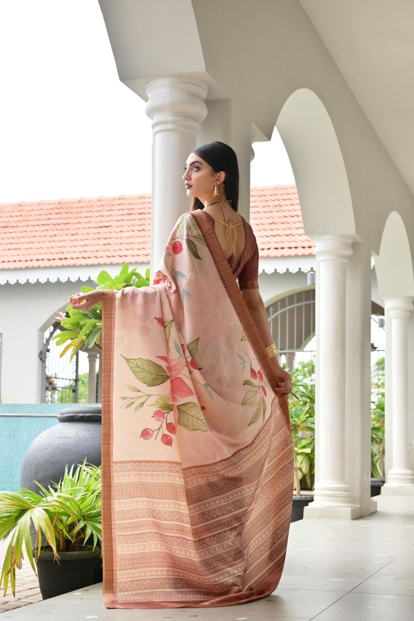 Peach Floral Printed Soft Silk Saree with Designer Woven Border