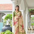 Cream Floral Printed Soft Silk Saree with Green Woven Border 