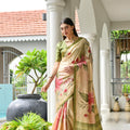 Cream Floral Printed Soft Silk Saree with Green Woven Border