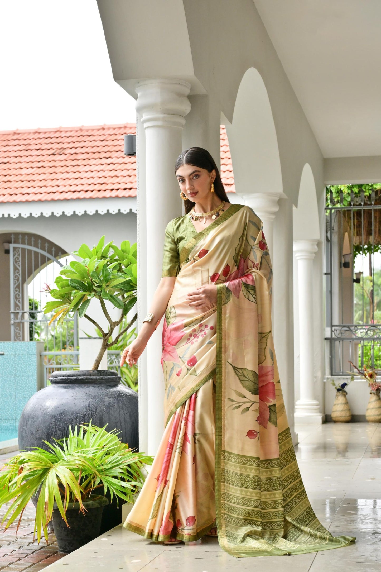 Cream Floral Printed Soft Silk Saree with Green Woven Border