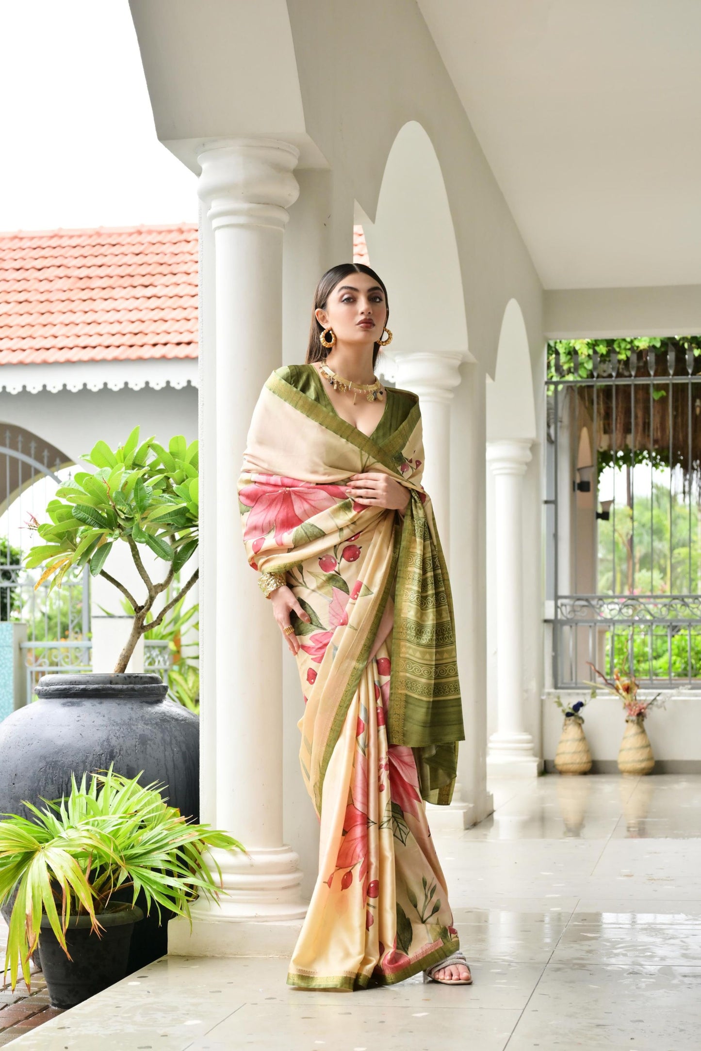 Cream Floral Printed Soft Silk Saree with Green Woven Border
