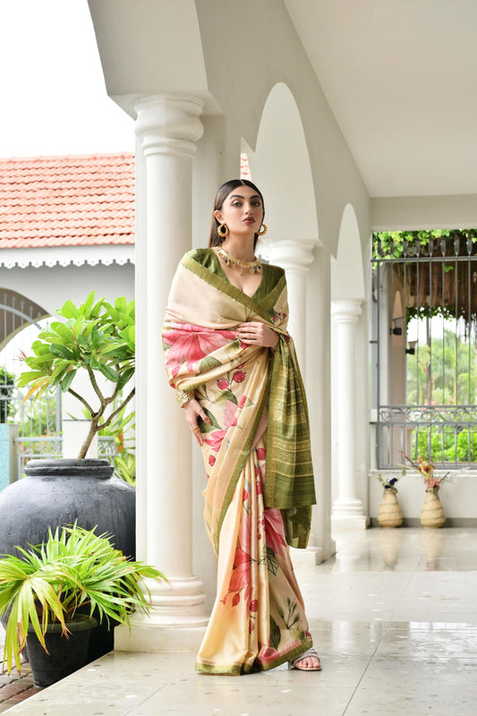 Cream Floral Printed Soft Silk Saree with Green Woven Border