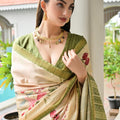 Cream Floral Printed Soft Silk Saree with Green Woven Border