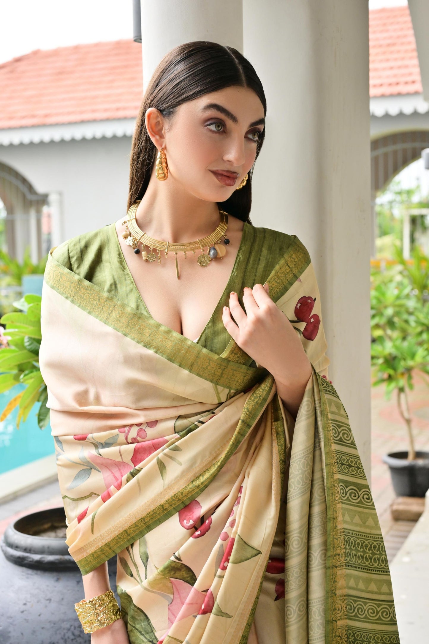 Cream Floral Printed Soft Silk Saree with Green Woven Border