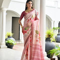 Pink Floral Printed Soft Silk Saree with Designer Woven Border 