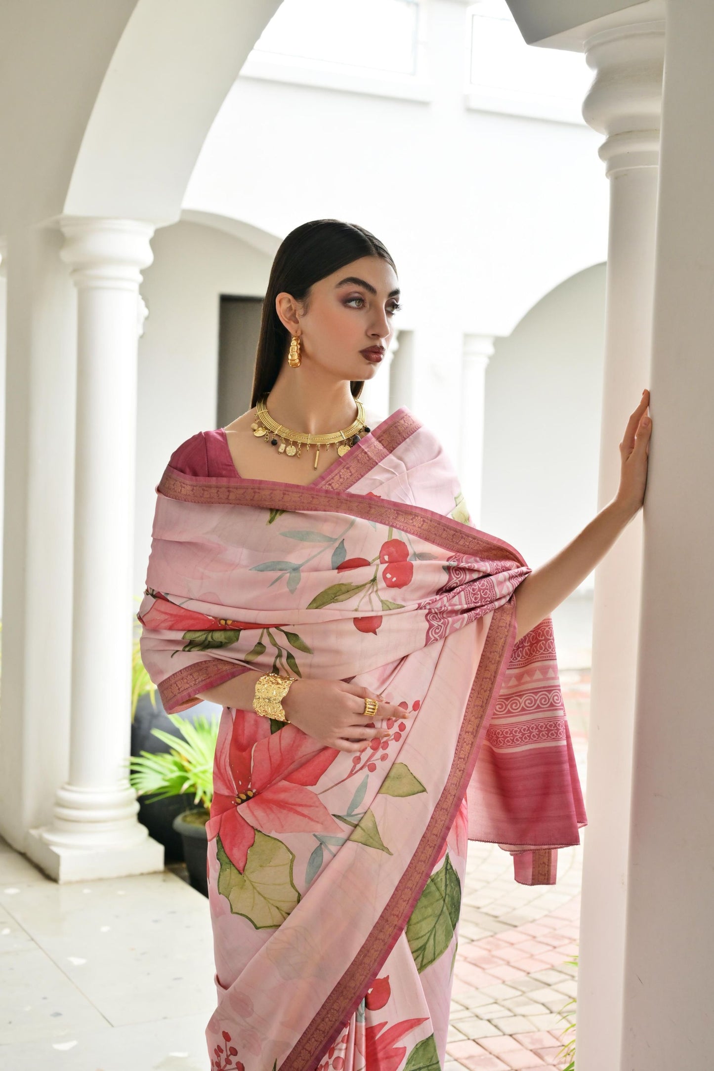 Pink Floral Printed Soft Silk Saree with Designer Woven Border