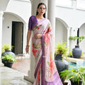 Lavender Floral Printed Soft Silk Saree with Purple Woven Border