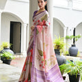 Lavender Floral Printed Soft Silk Saree with Purple Woven Border